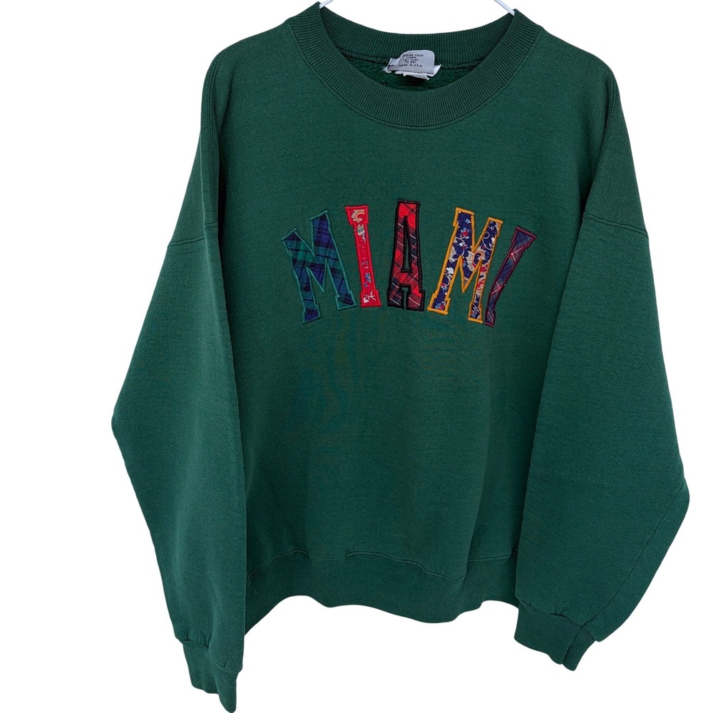 Vintage 90s Miami Hurricanes Crewneck Sweatshirt XL Mens Plaid Green Embroidered